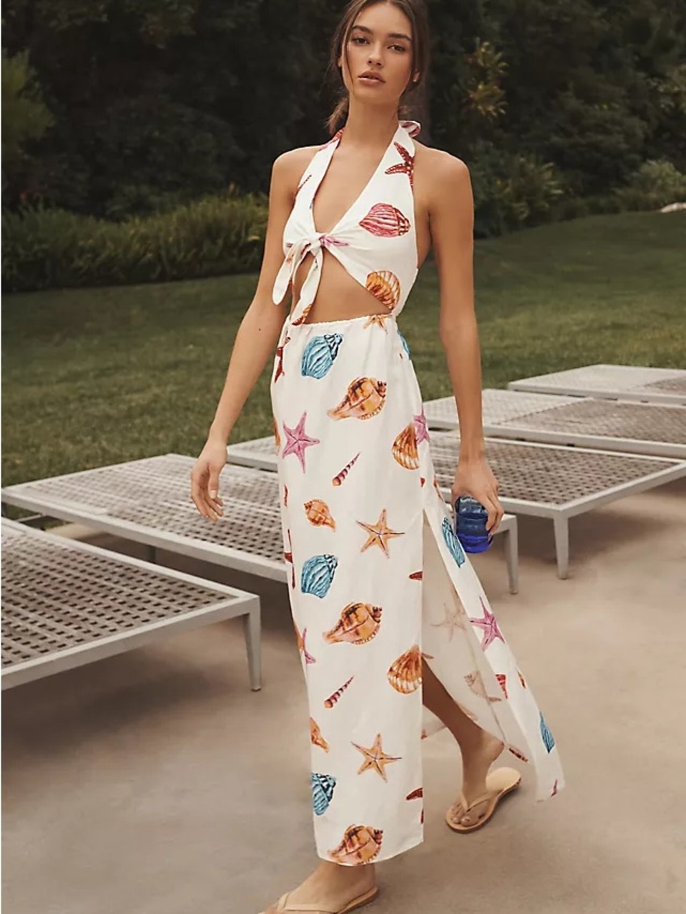 Anthropologie White Halter Maxi Cover-Up with Multicolor Shell Print